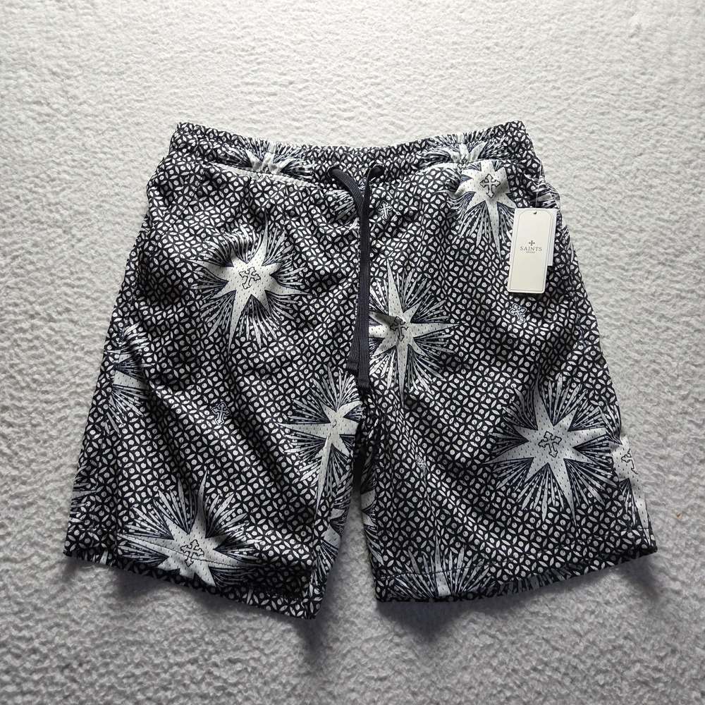 Saints Studio Swim Trunks Mens Large Black Cross Print Lined Elastic Waist